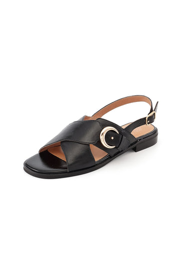 AIMÉE - Sandales Plates en Cuir Noir