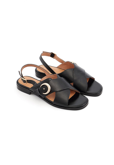AIMÉE - Sandales Plates en Cuir Noir