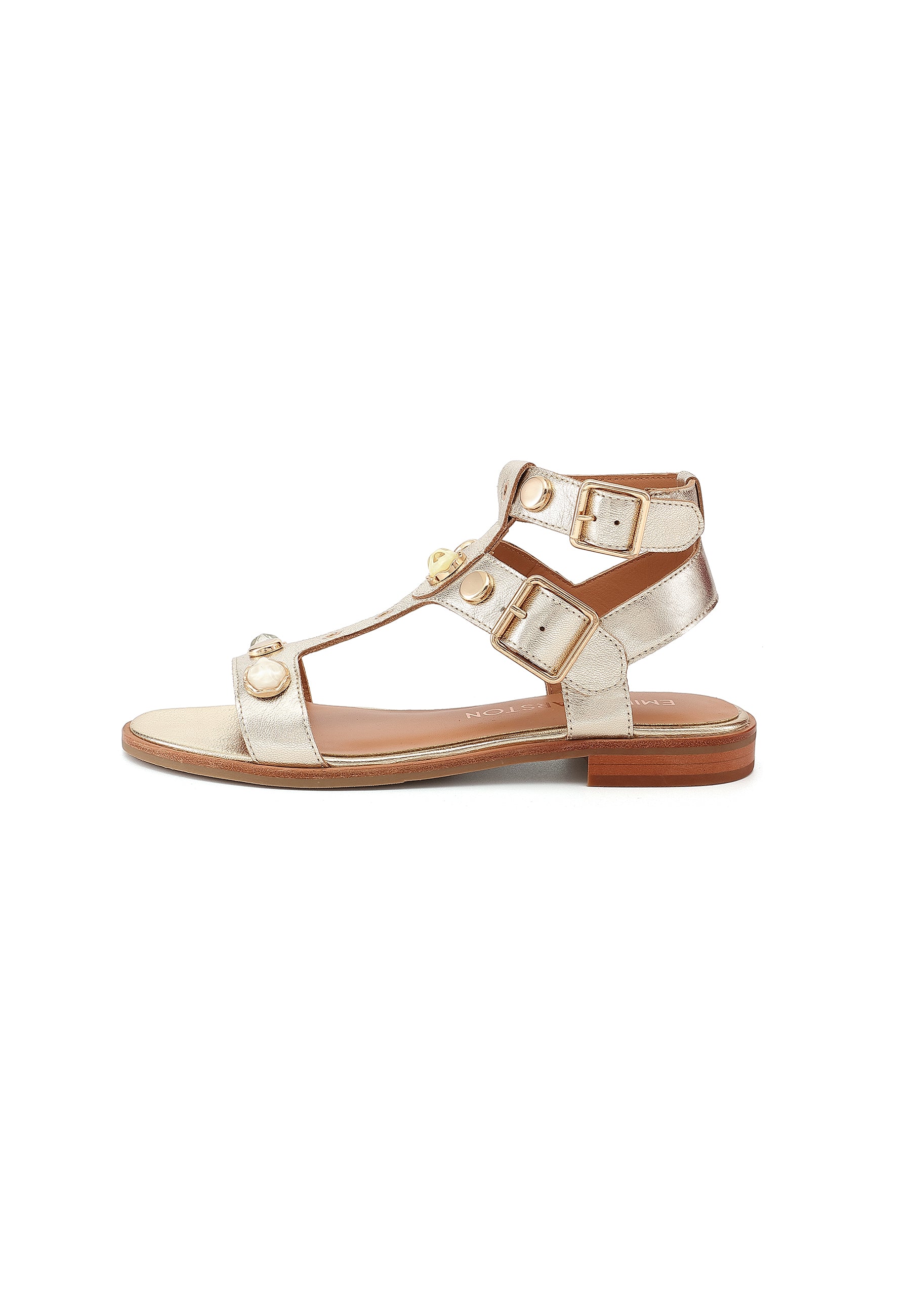 ATHENA - Sandales Plates en Cuir Doré/Platine