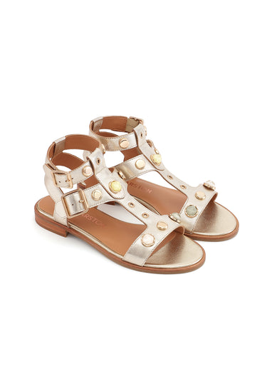 ATHENA - Sandales Plates en Cuir Doré/Platine