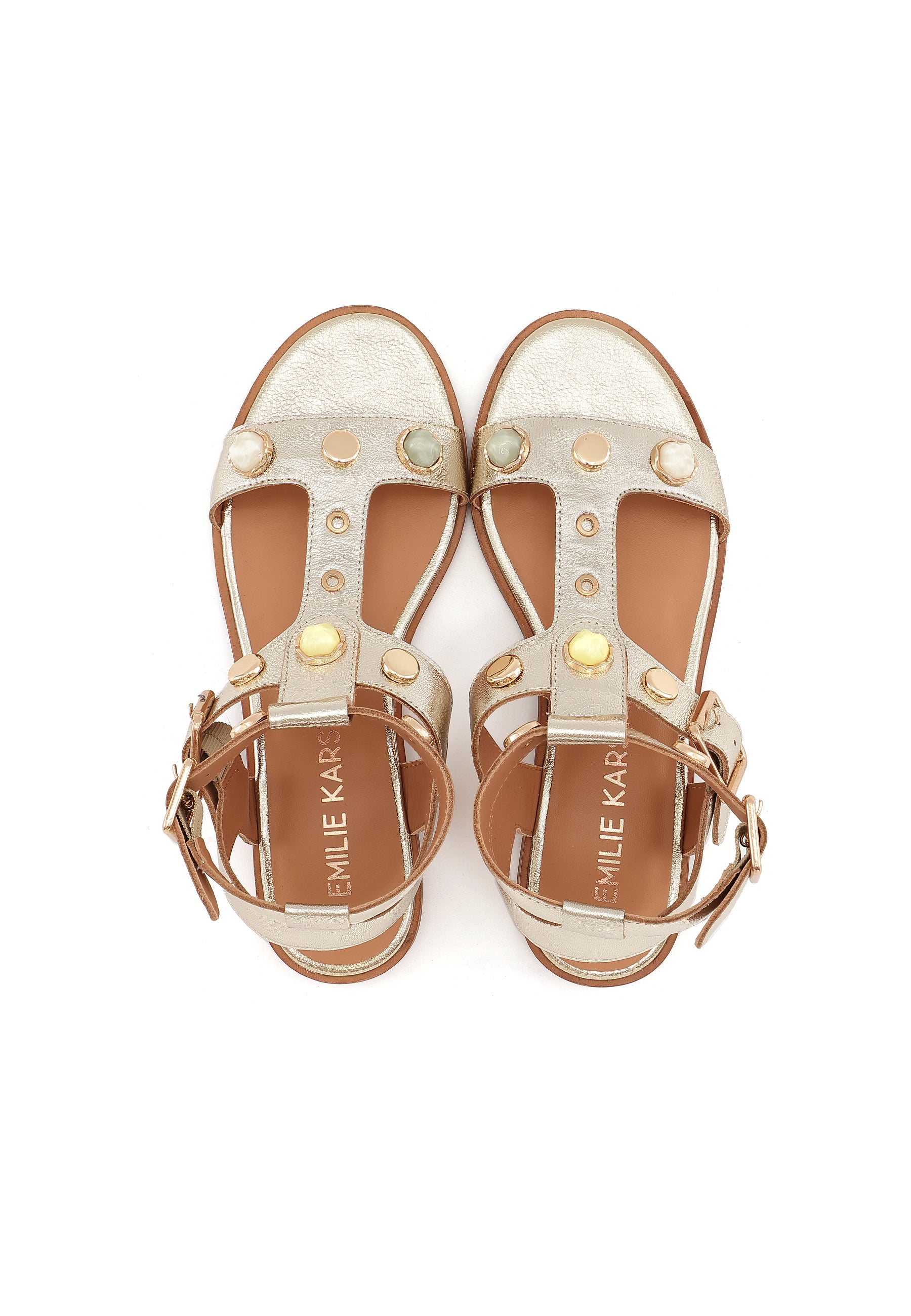 ATHENA - Sandales Plates en Cuir Doré/Platine