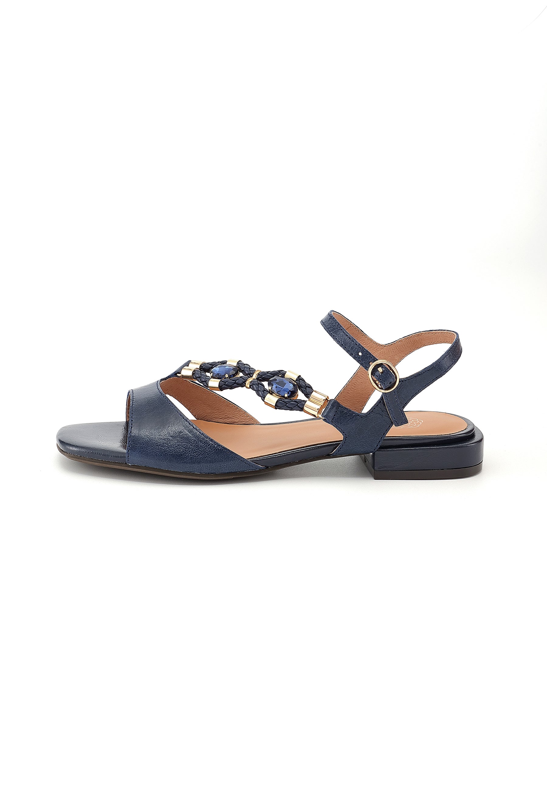 CLEMENCE - Sandale Bijou Talon Plat en Cuir Marine