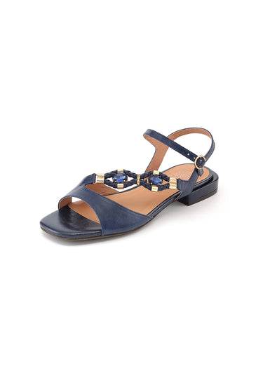 CLEMENCE - Sandale Bijou Talon Plat en Cuir Marine
