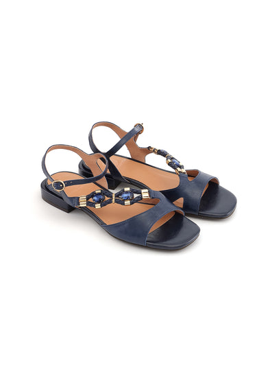 CLEMENCE - Sandale Bijou Talon Plat en Cuir Marine