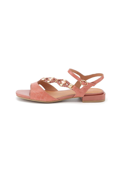 CLEMENCE - Sandale Bijou Talon Plat en Cuir Rose