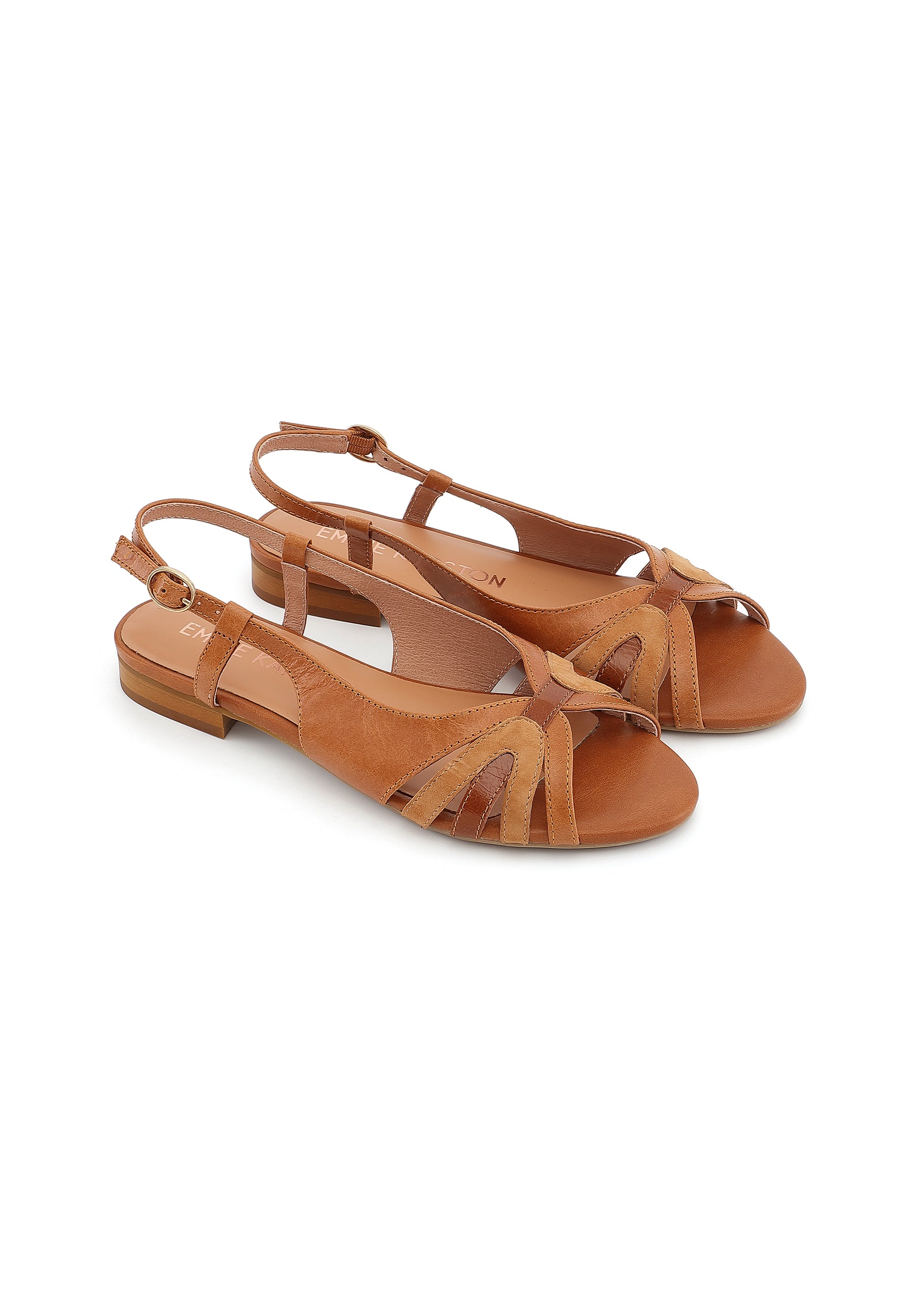 ELIO - Sandales Plates Petit Talon en Cuir Camel