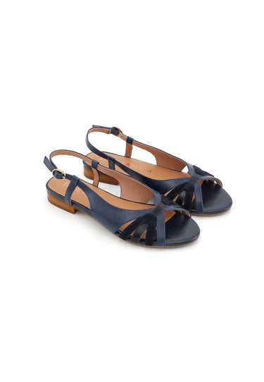 ELIO - Sandales Plates Petit Talon en Cuir Marine