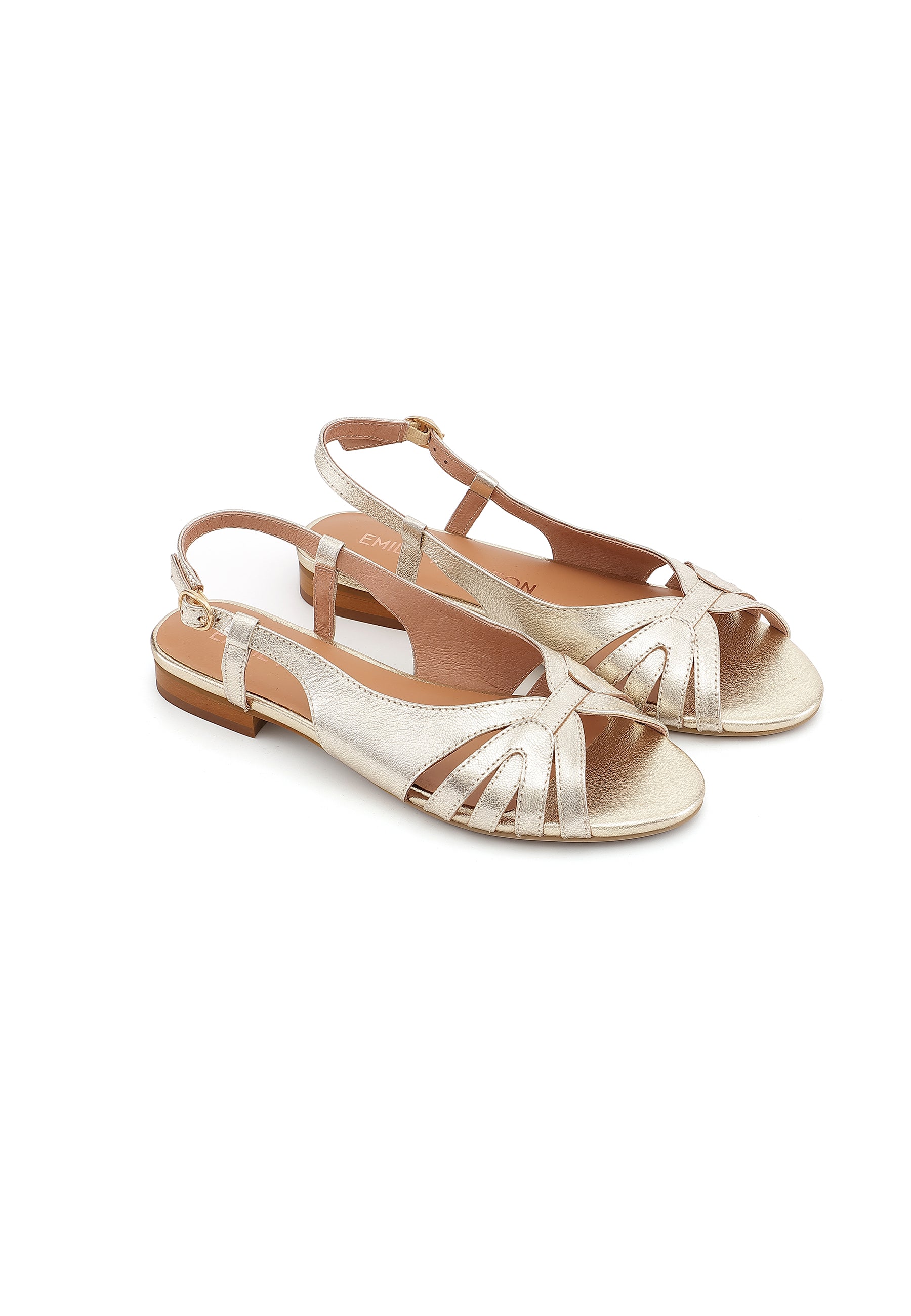 ELIO - Sandales Plates Petit Talon en Cuir Doré/Platine