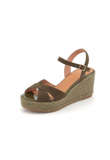 ISELLE - Sandales Compensées en Cuir Kaki