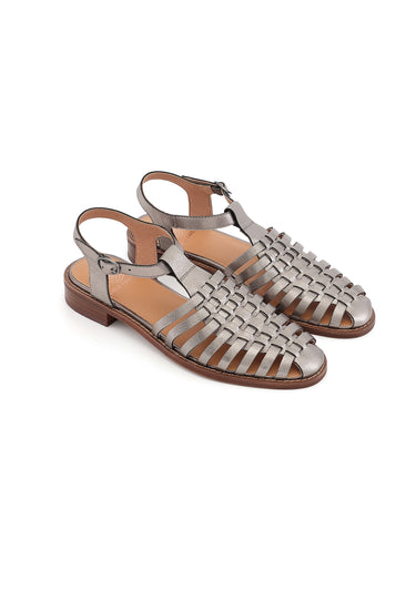 JIPAS - Sandales Plates à Brides Croisées en Cuir Argent Etain