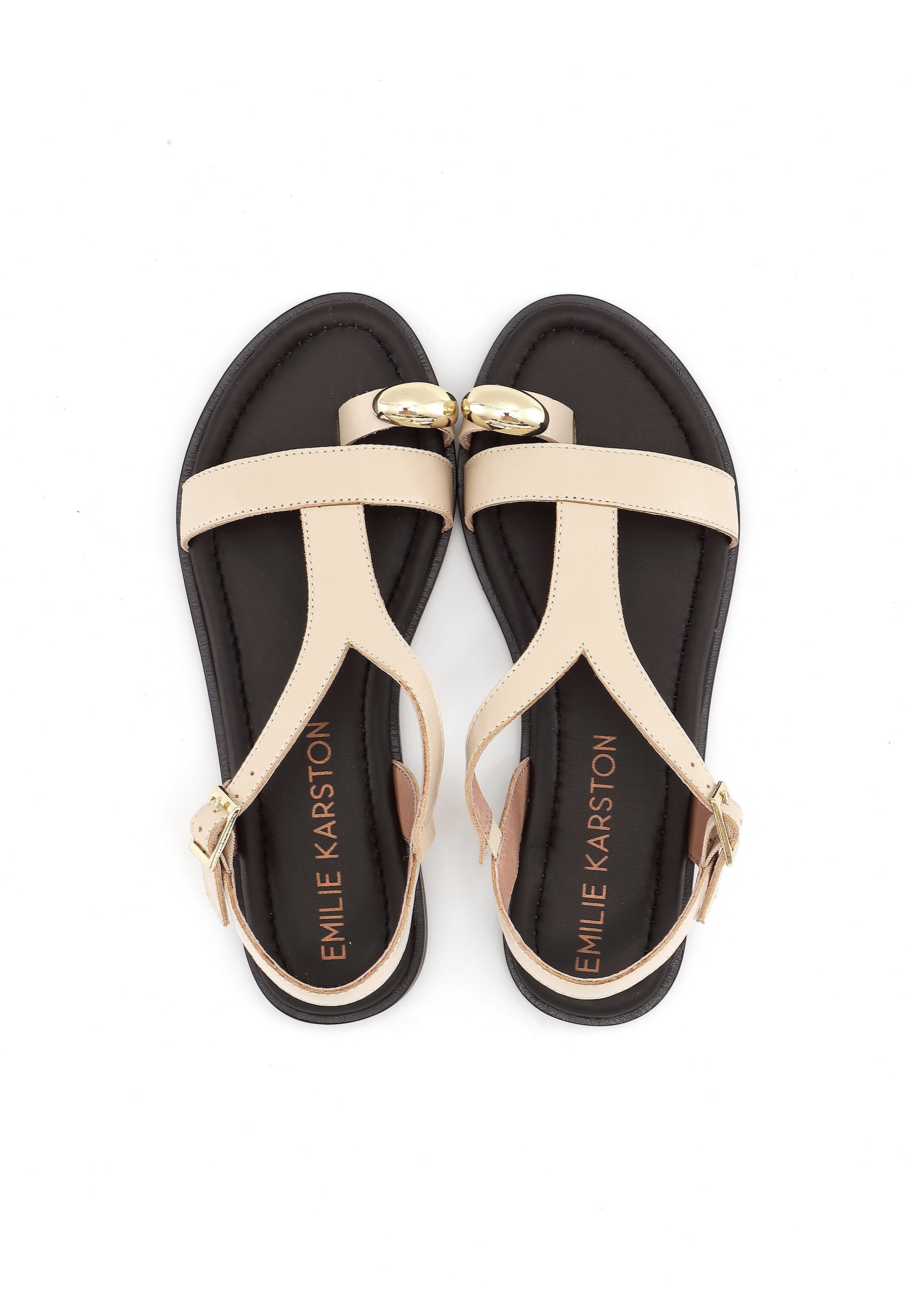 LYNDA - Sandales Plates en Cuir Crème avec Bijou