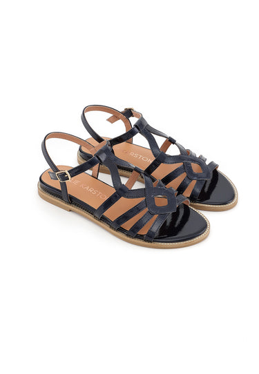 SABINE - Sandale Plate en Cuir Marine