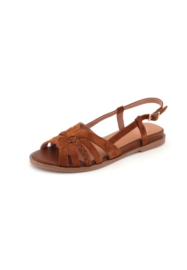 SORENA - Sandale Plate en Cuir Marron/Cognac