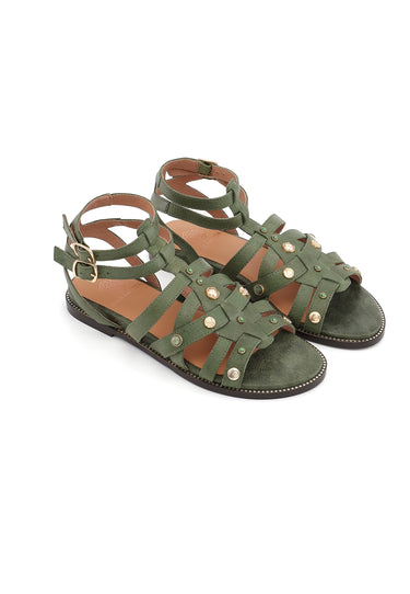 YASMINE - Sandale Plate en Cuir Vert