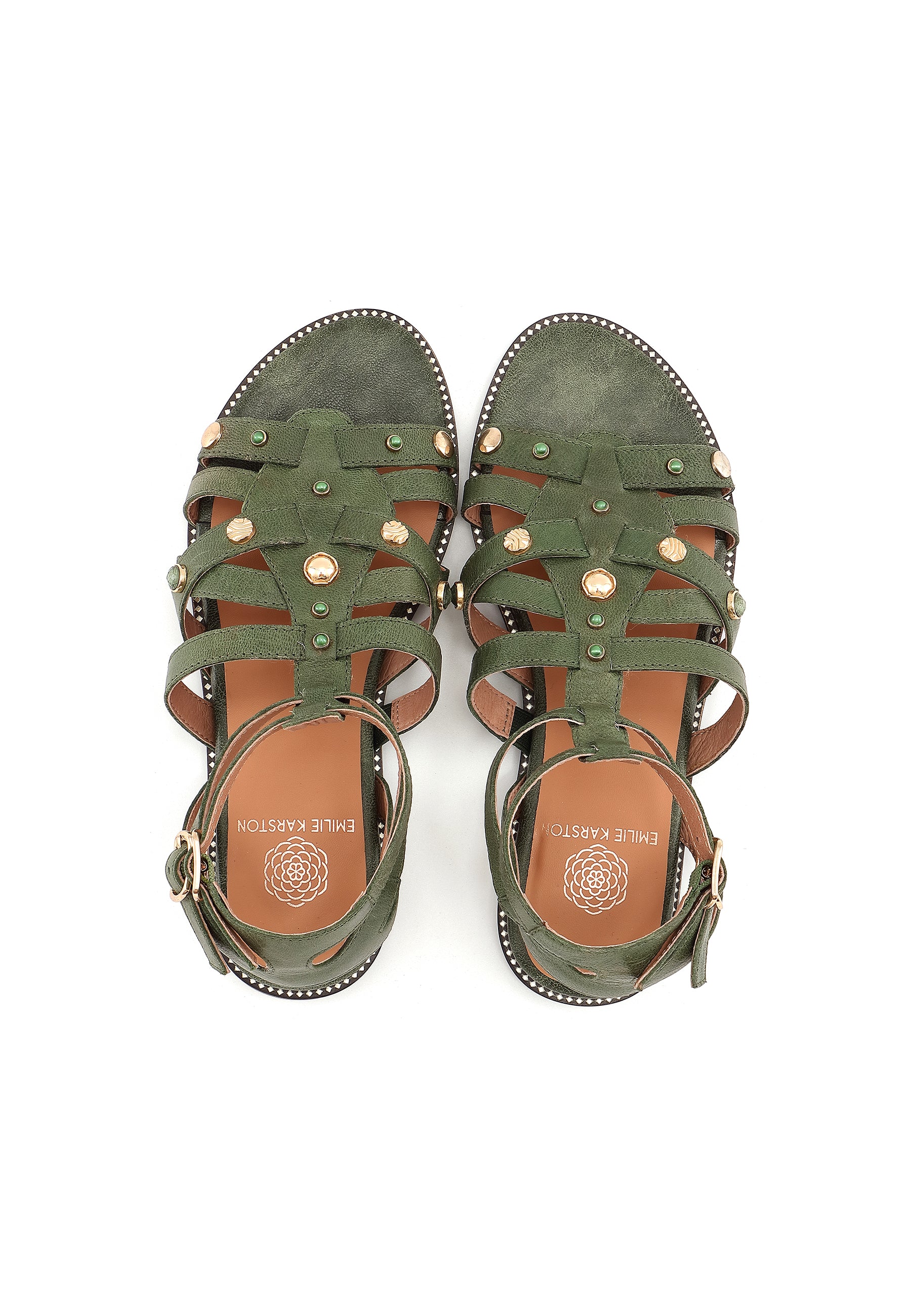 YASMINE - Sandale Plate en Cuir Vert