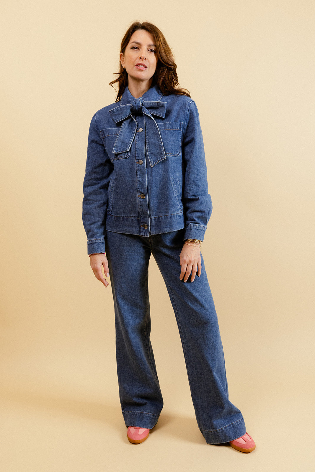 APPOLINE - Pantalon Large Bleu à Taille Haute