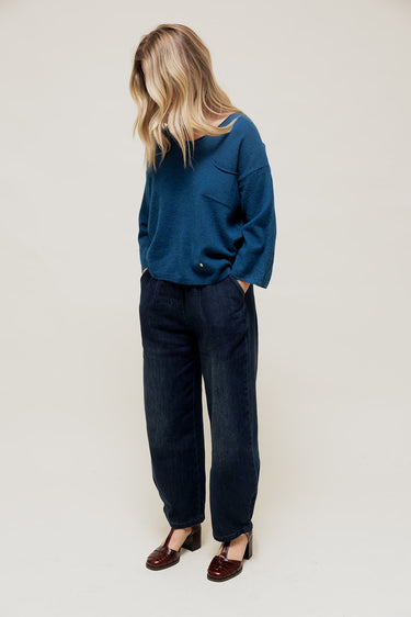 BERINA - Pull Col V à Manches 3/4 et Poche Poitrine Bleu