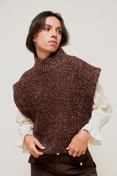ISALINEY - Pull Sans Manches Col Haut Marron