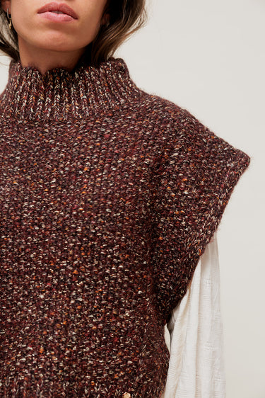 ISALINEY - Pull Sans Manches Col Haut Marron