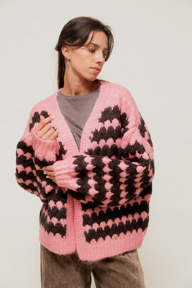 LORISIA - Gilet Oversize en Grosse Maille Bicolore Rose