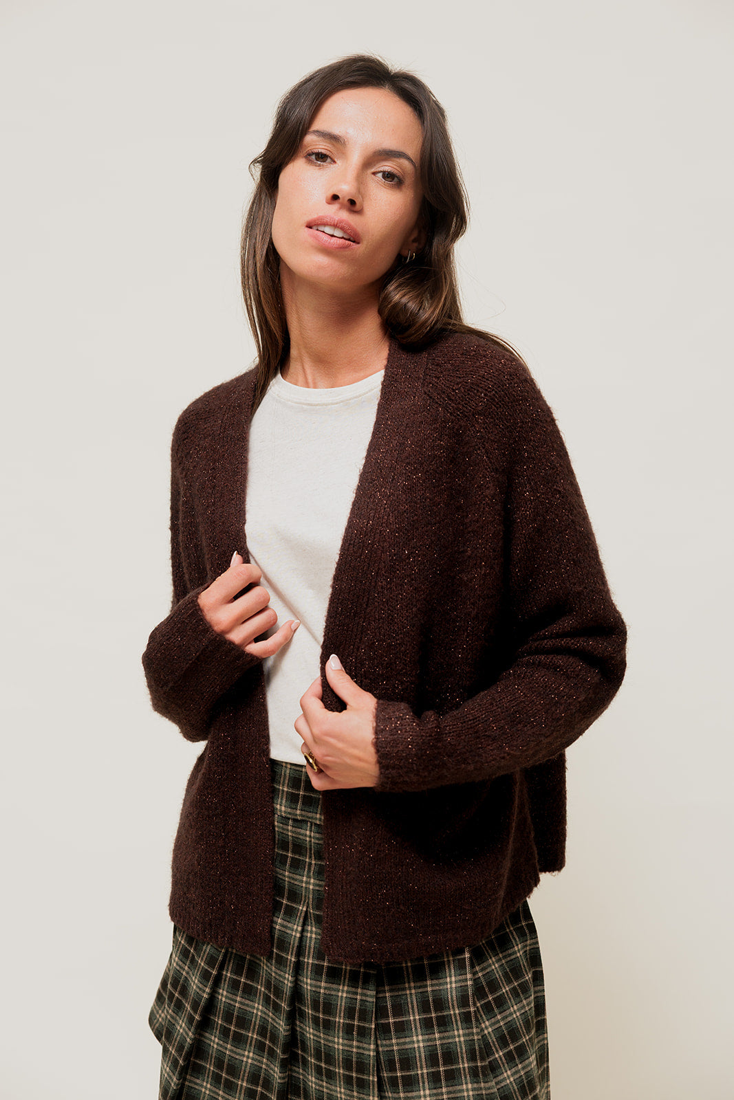 TARYNA - Gilet Ouvert Scintillant à Poches Marron