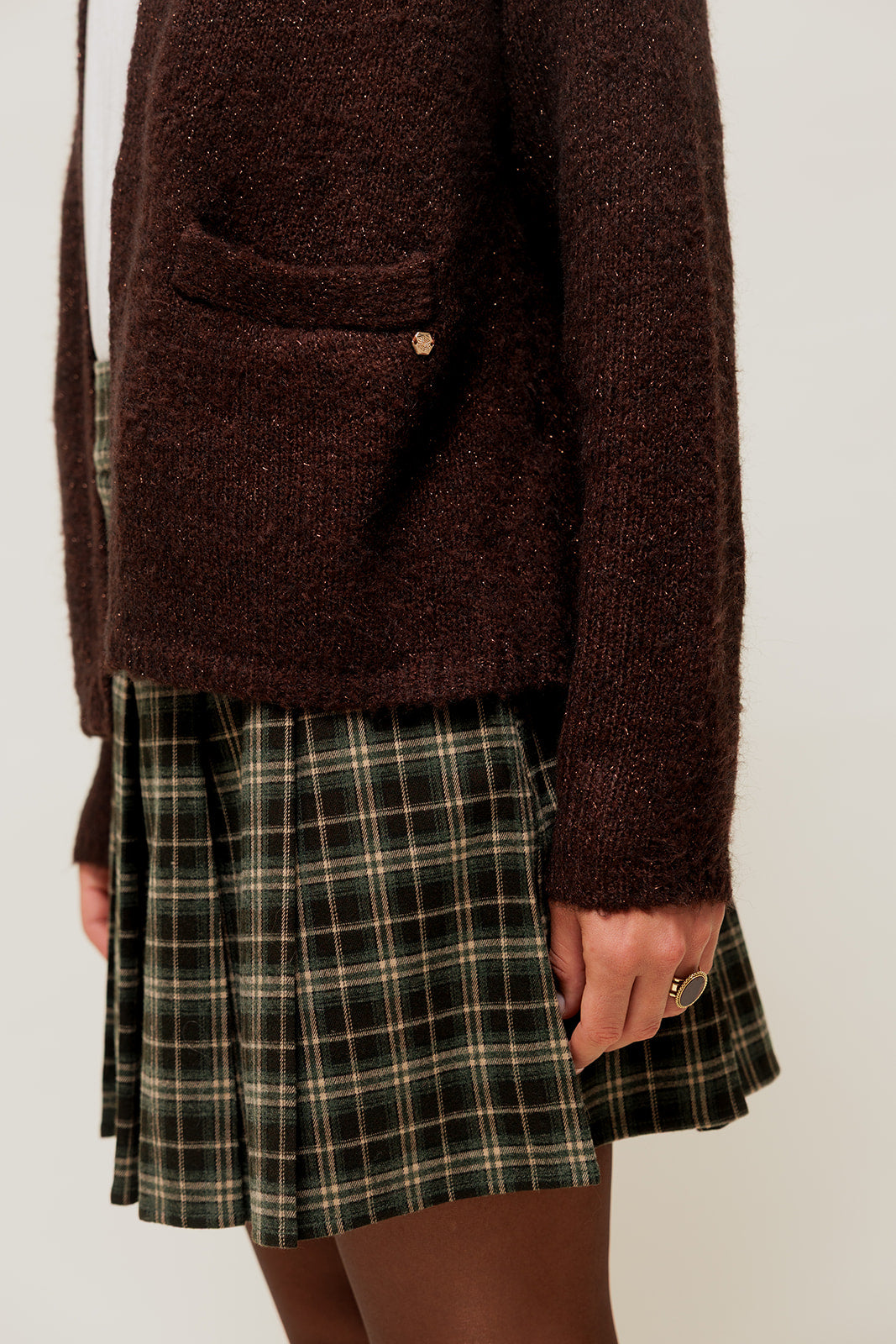 TARYNA - Gilet Ouvert Scintillant à Poches Marron