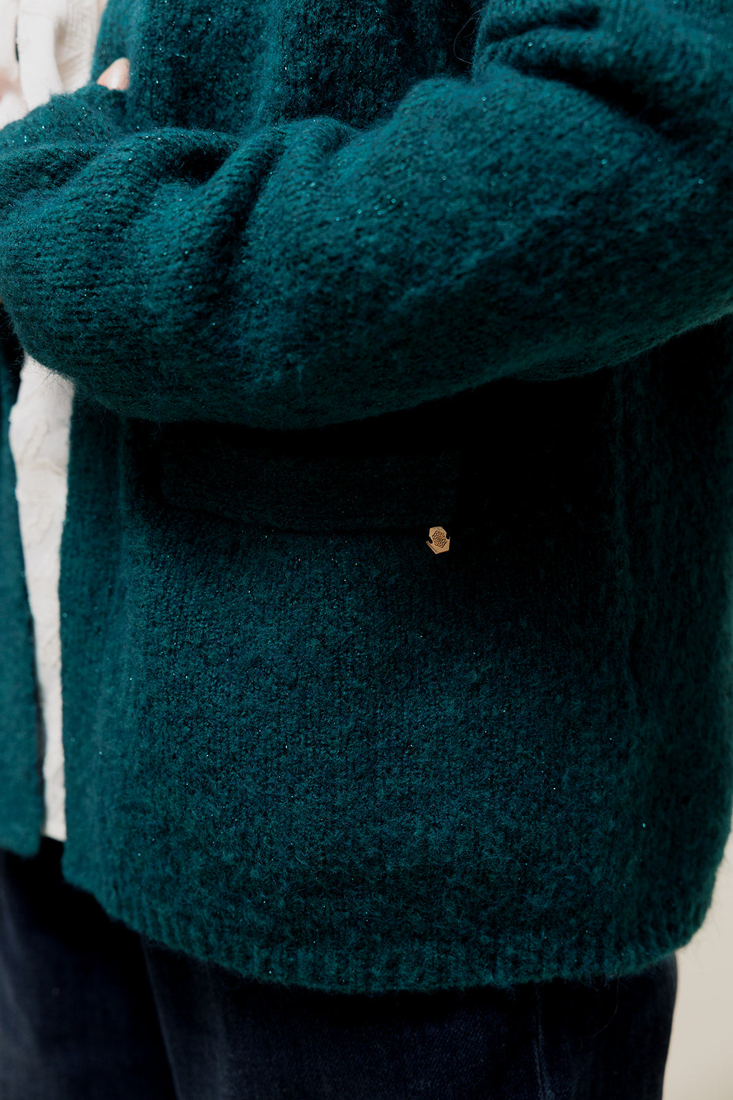 TARYNA - Gilet Ouvert Scintillant à Poches Vert