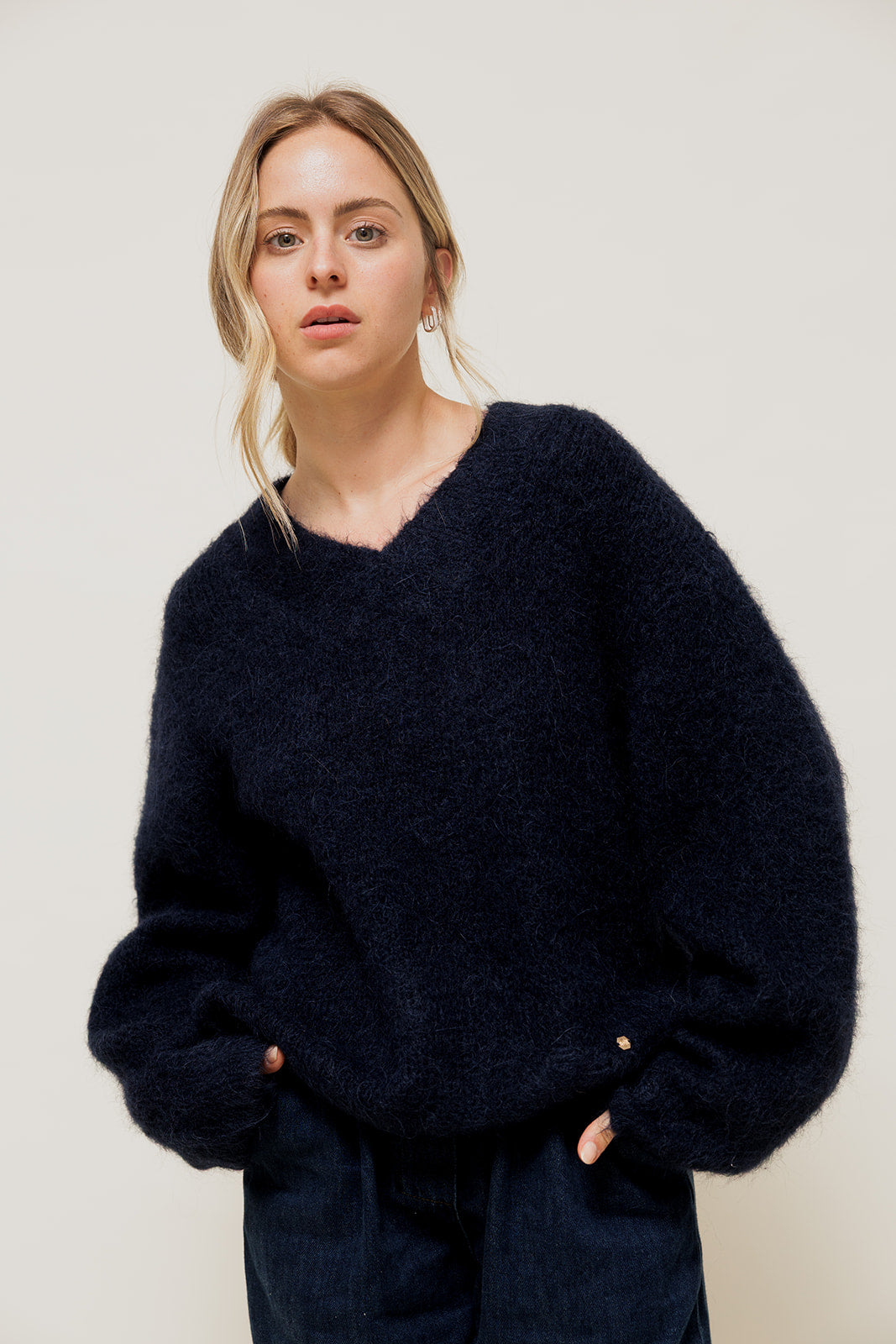JALYRA - Pull Col V en Maille Marine