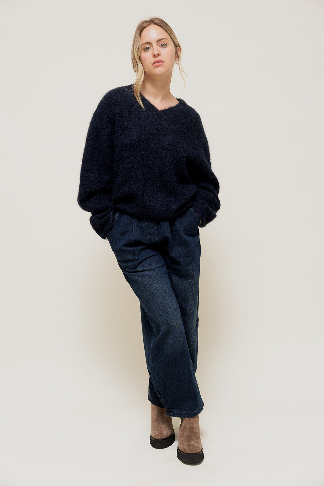 JALYRA - Pull Col V en Maille Marine