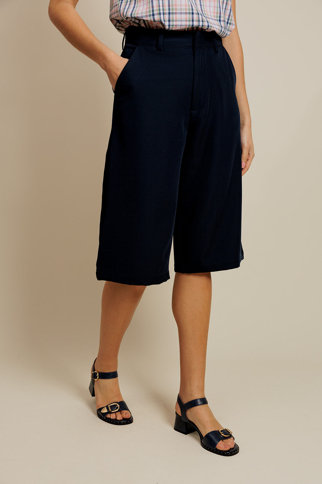 LORENZO - Bermuda Marine Taille Haute à Jambes Larges