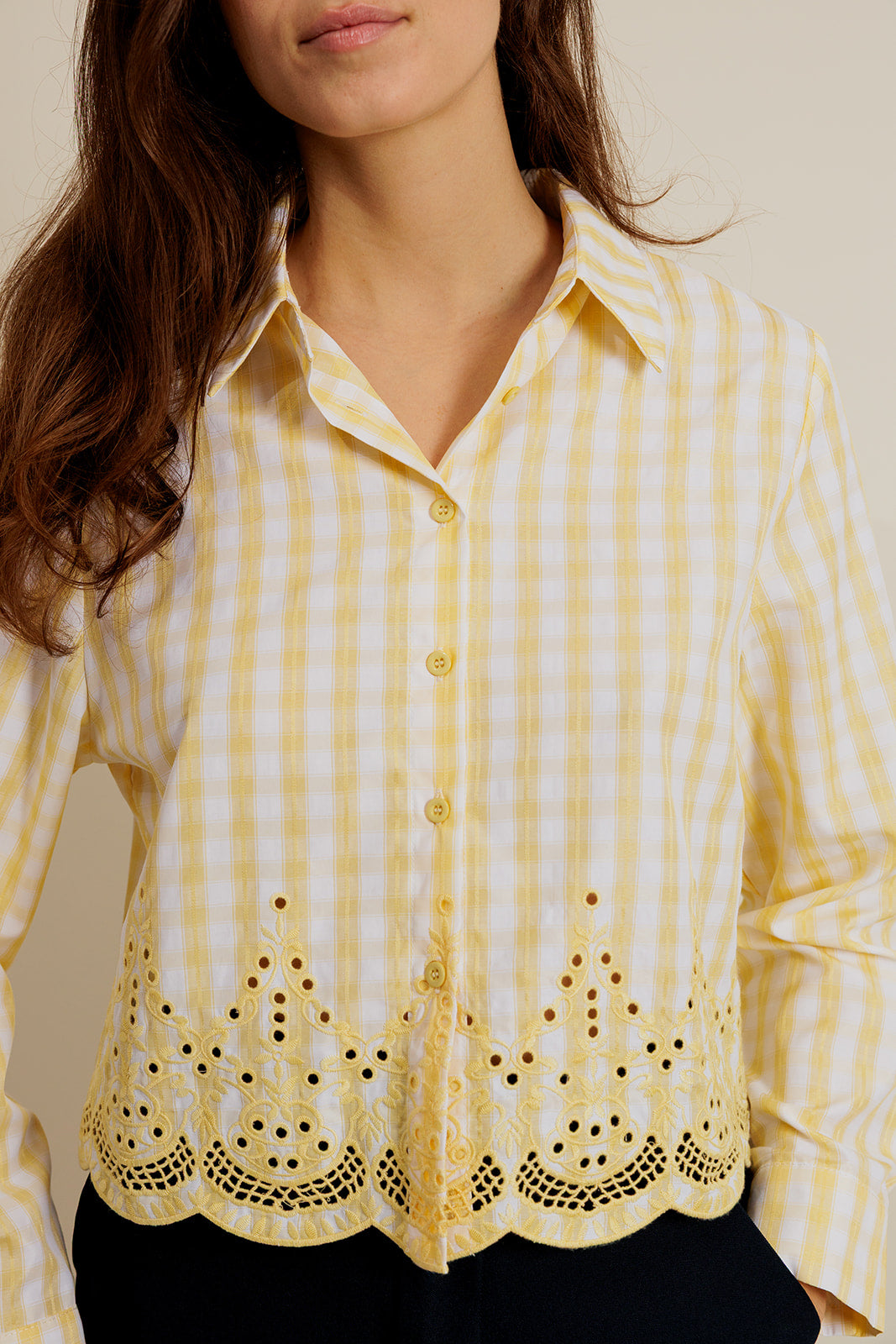 MAËLYS - Chemise à Carreaux Jaune Femme avec Broderies