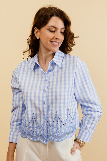 MAËLYS - Chemise à Carreaux Bleue Femme avec Broderies 