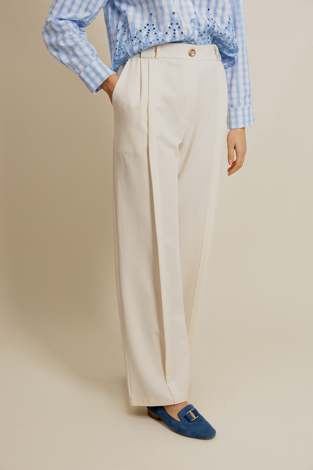 OPHÉLIE - Pantalon Habillé Écru Taille Haute