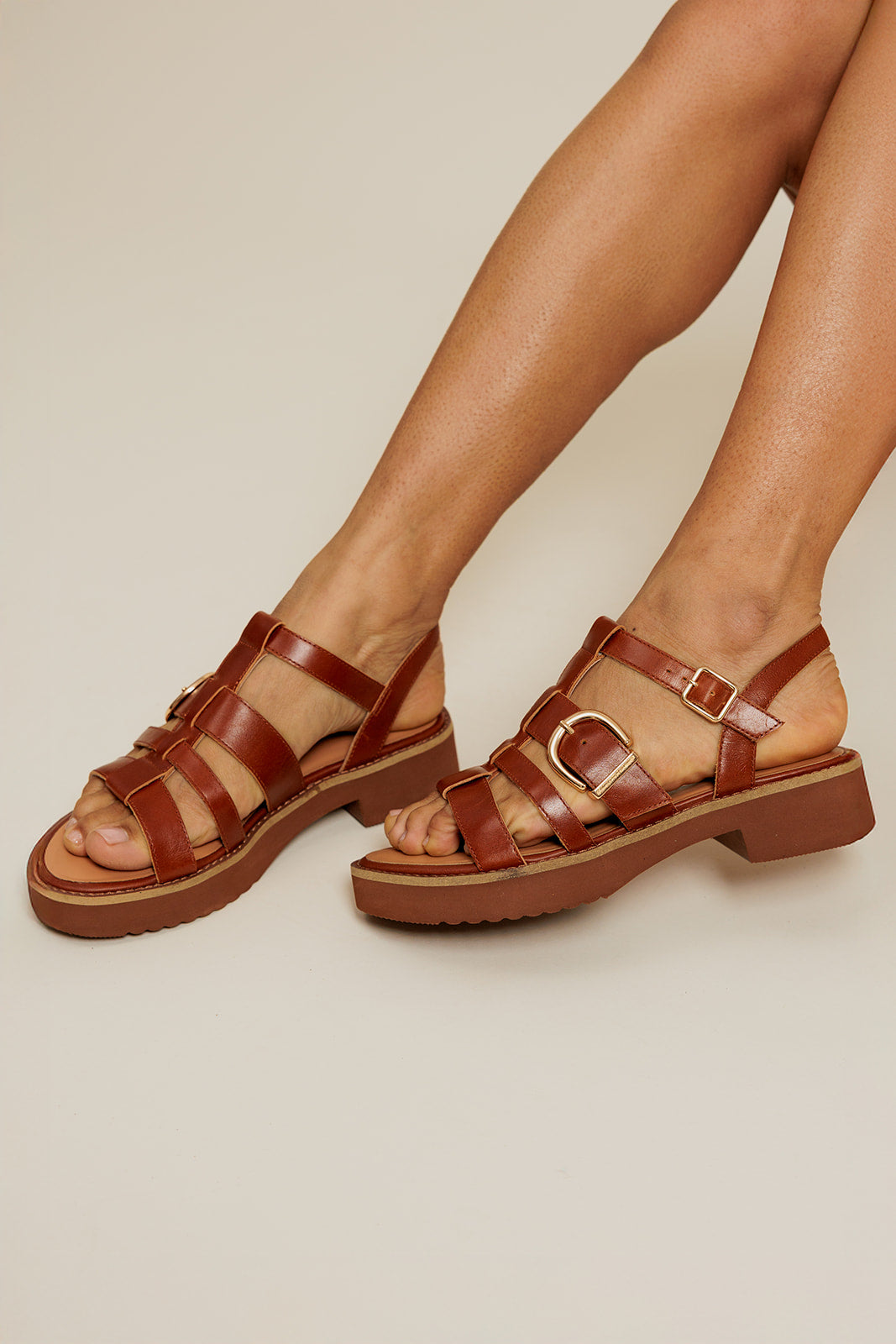 CLAUDIA - Sandale à Plateforme en cuir Marron/Cognac