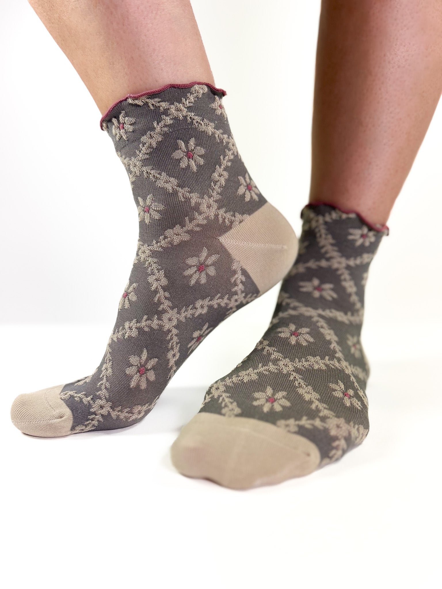 MARGUERITE - Chaussettes à Quadrillage Floral Gris & Prune