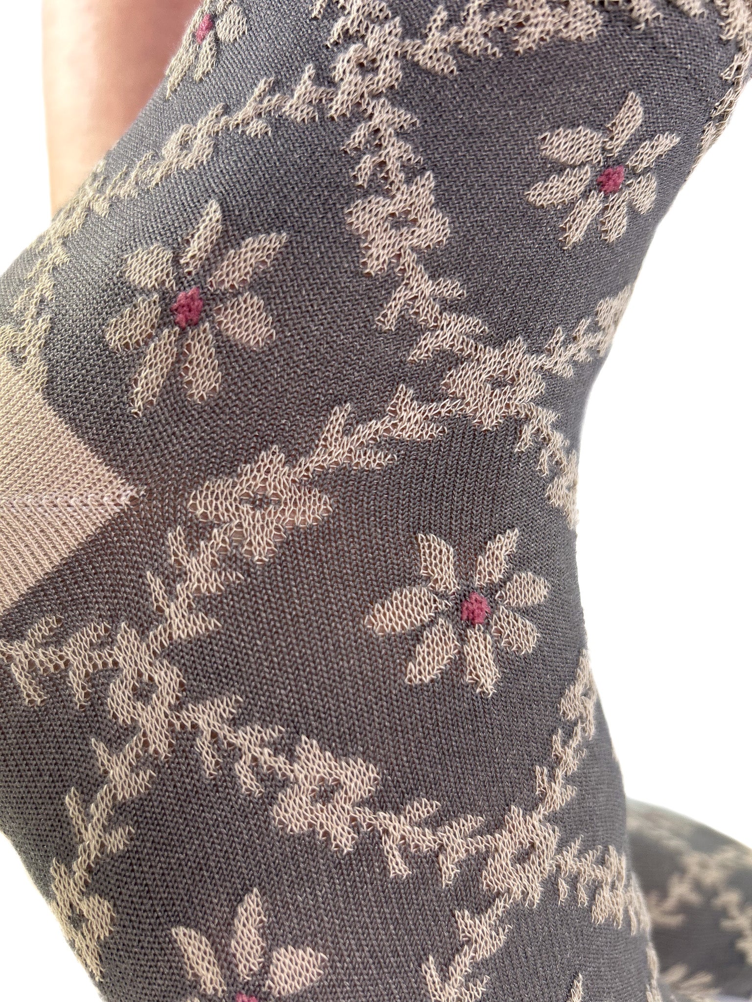MARGUERITE - Chaussettes à Quadrillage Floral Gris & Prune