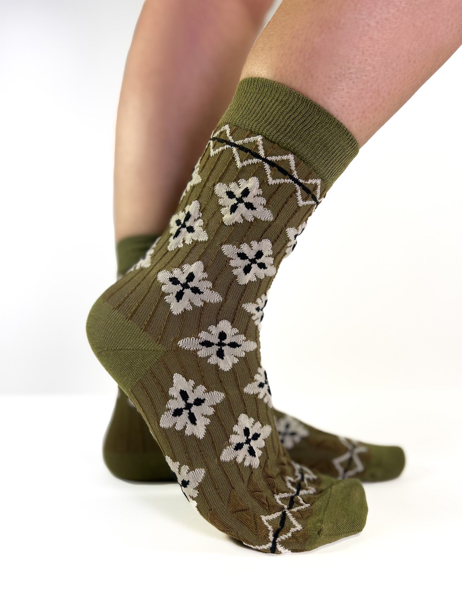 SQUARE - Chaussettes Graphiques Kaki, Crème & Noir