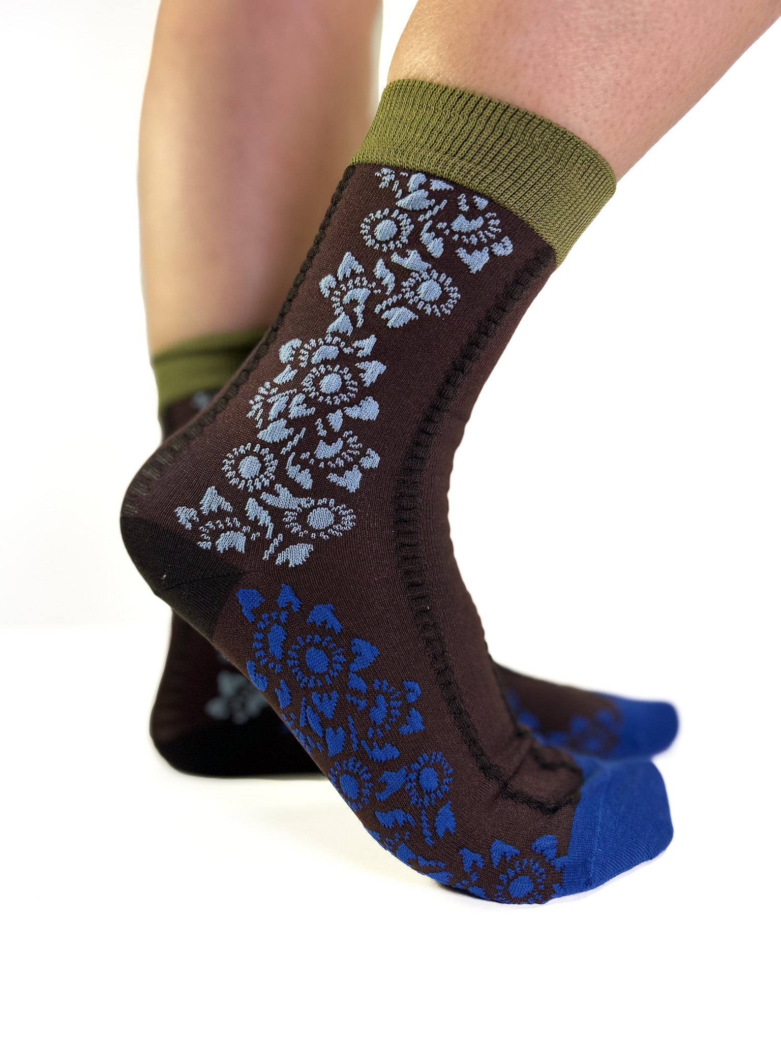 SUNFLOWER - Chaussettes Florales Chocolat, Kaki & Bleu