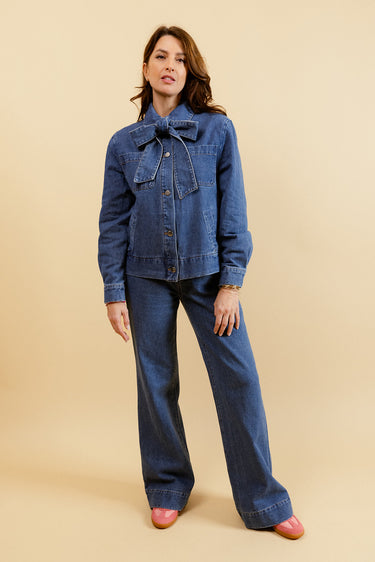 LEVANNAH - Veste en Jean Bleue Femme avec Nœud