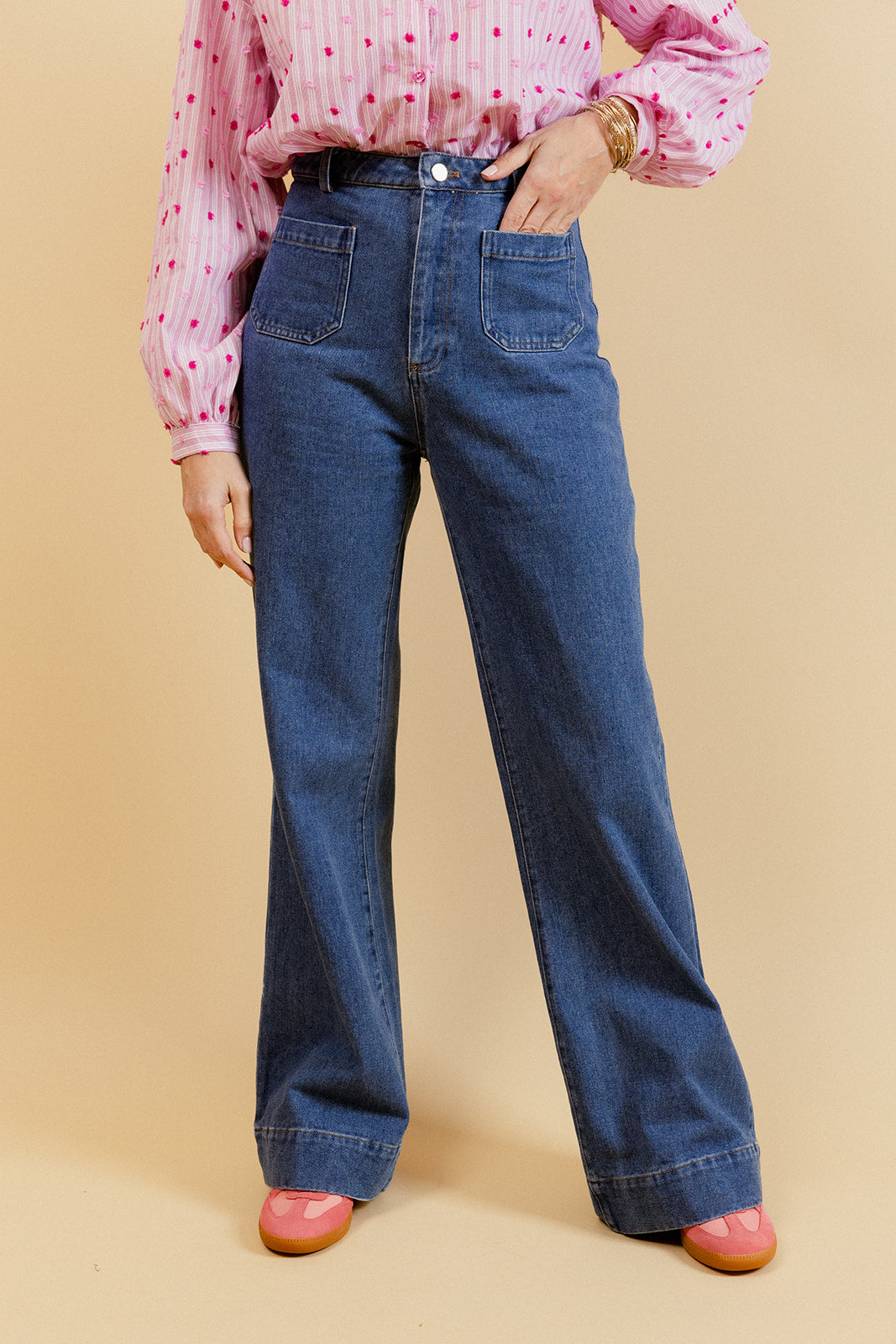 APPOLINE - Pantalon Large Bleu à Taille Haute