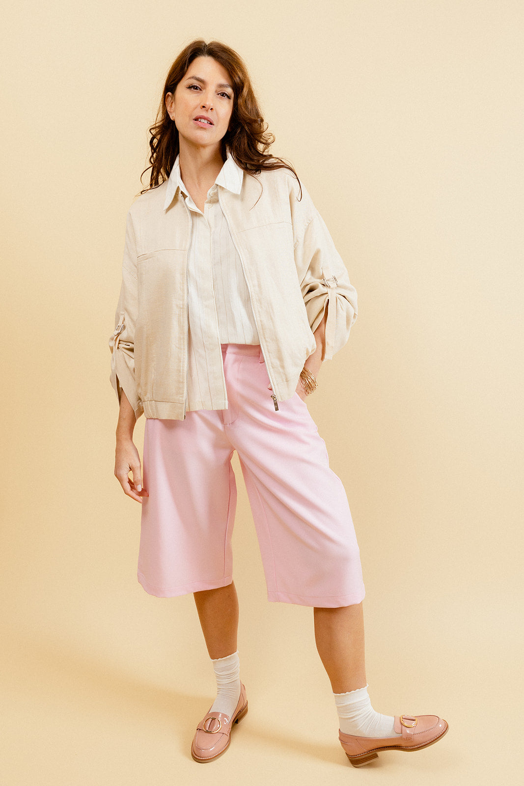 LORENZO - Bermuda Rose Taille Haute à Jambes Larges