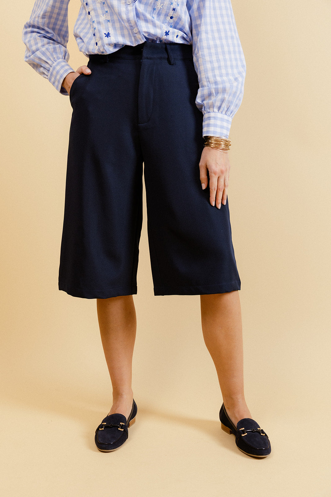 LORENZO - Bermuda Marine Taille Haute à Jambes Larges