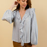 HÉLÈNE – Blouse Unie Bleue à Volants 