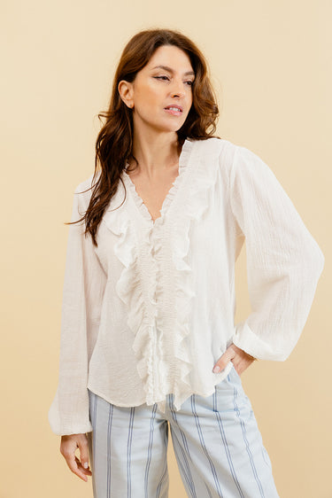 YOLÈNE - Blouse Unie Blanche à Col V et Froufrous