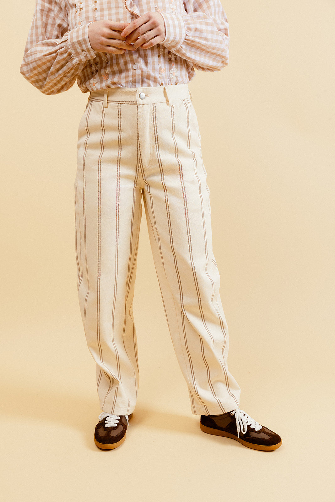 VICKI - Pantalon Balloon Beige à Double Rayures