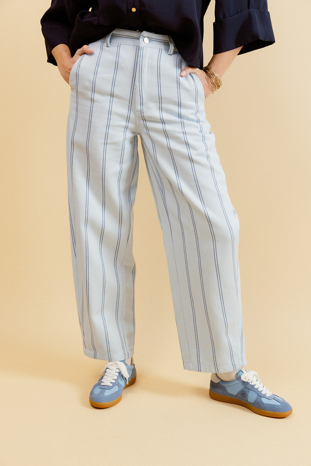 VICKI - Pantalon Balloon Ciel à Double Rayures