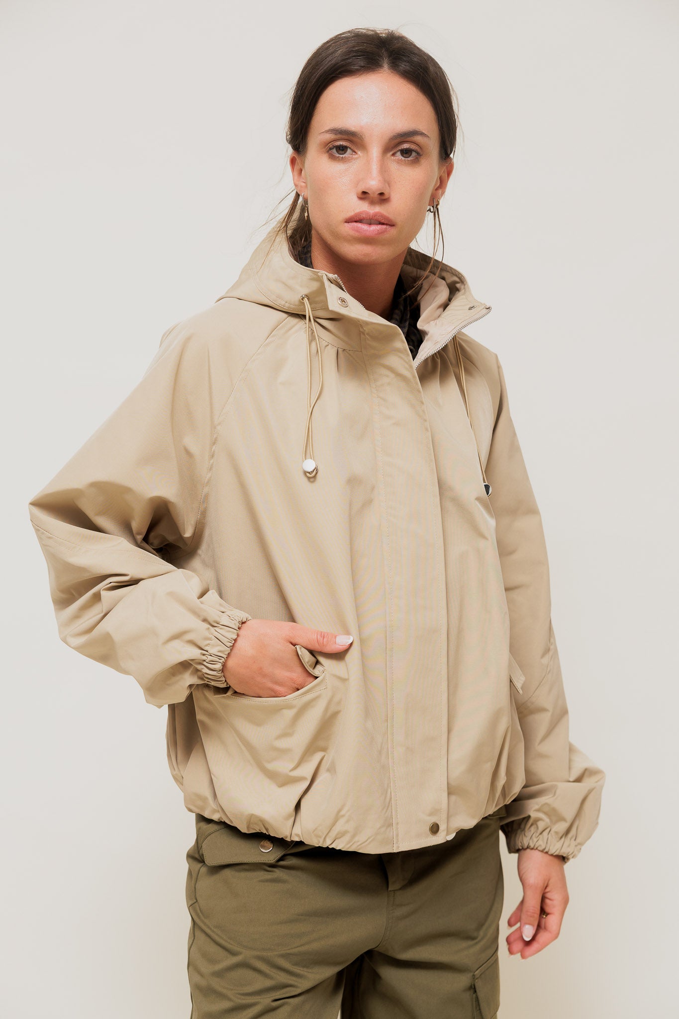 VELIANE - Parka Forme Balloon Imperméable Beige à Capuche
