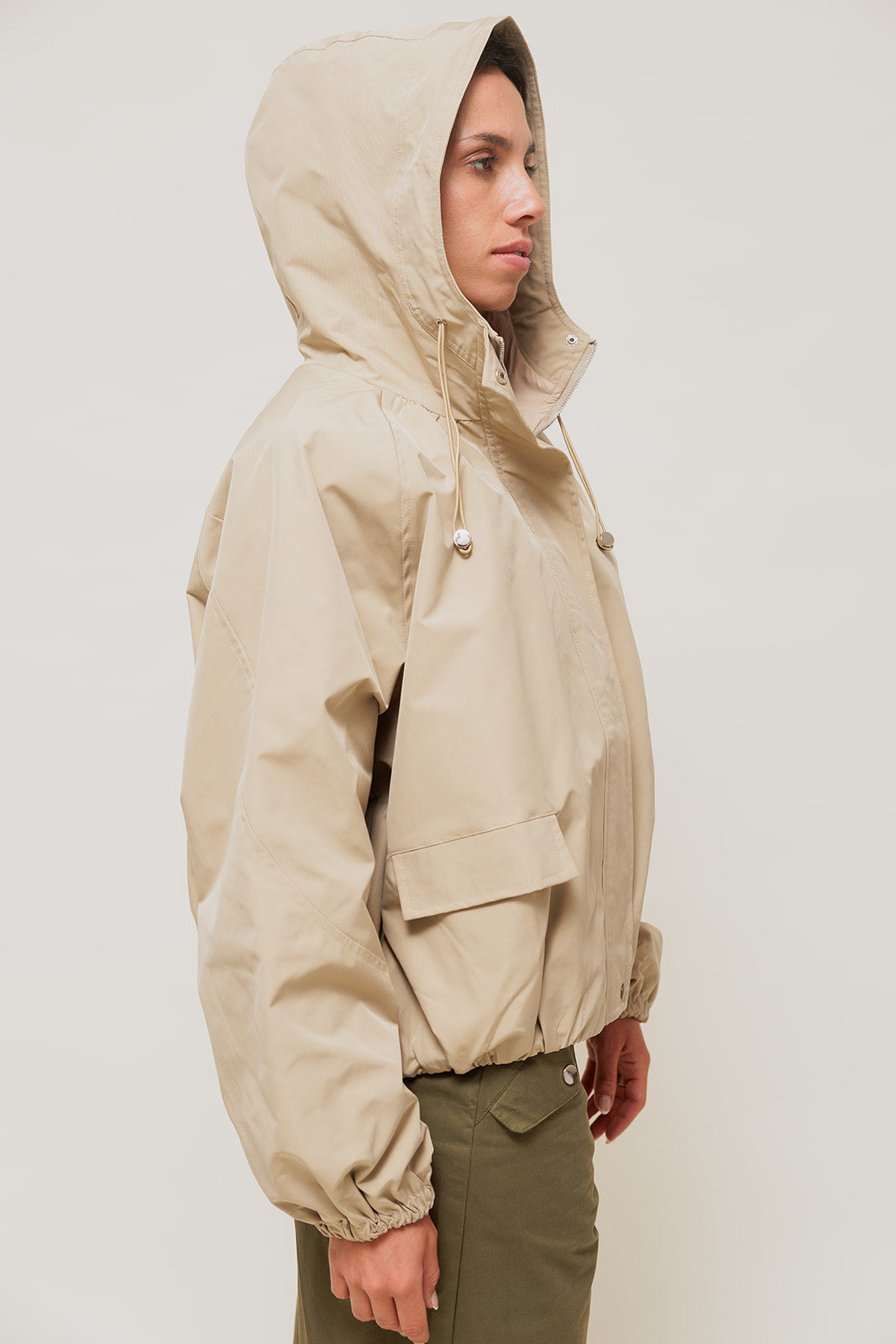 VELIANE - Parka Forme Balloon Imperméable Beige à Capuche