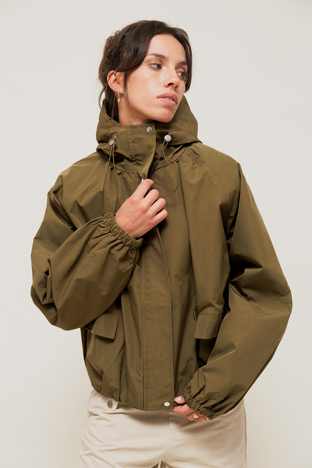 VELIANE - Parka Forme Balloon Imperméable Kaki à Capuche
