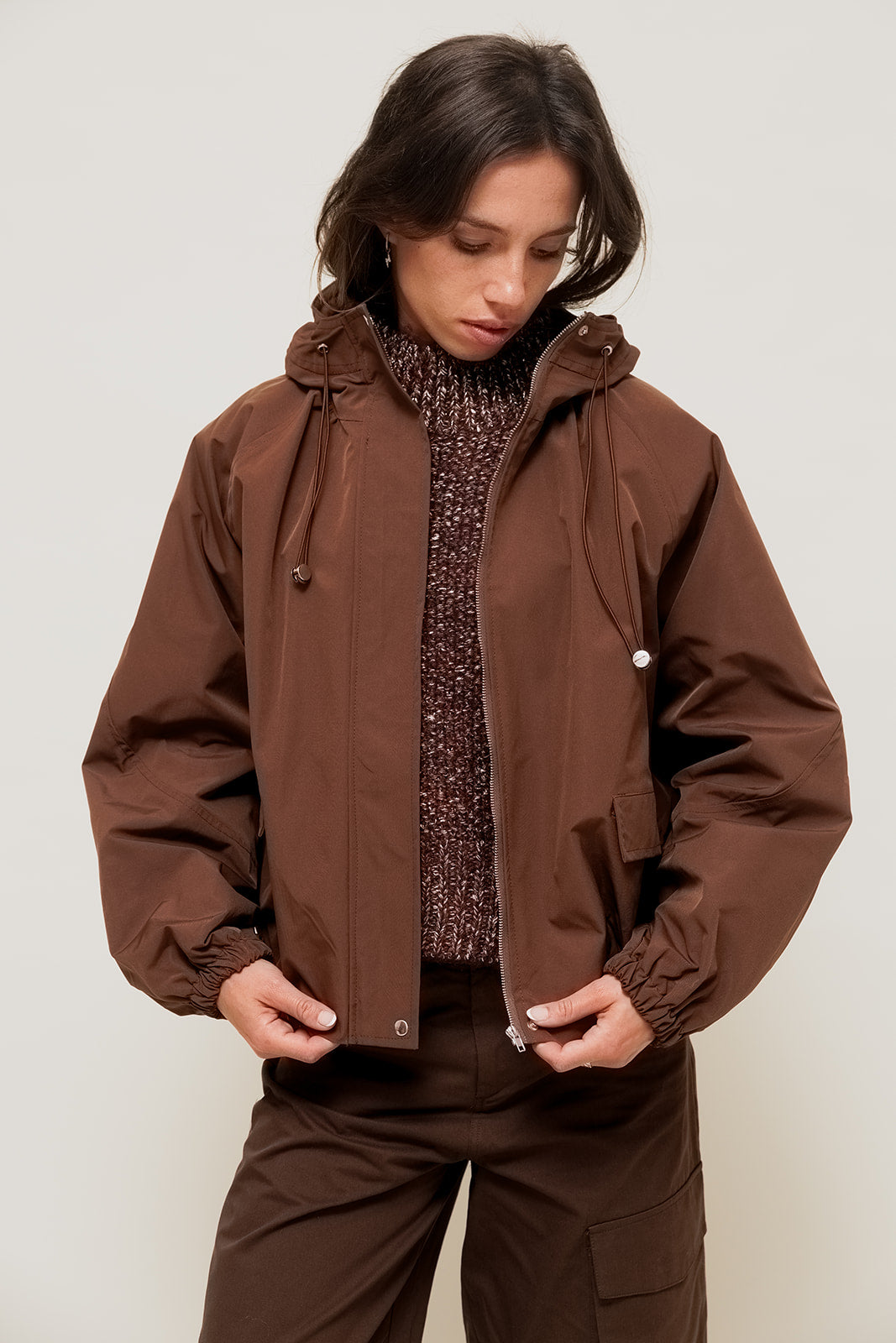 VELIANE - Parka Forme Balloon Imperméable Marron à Capuche